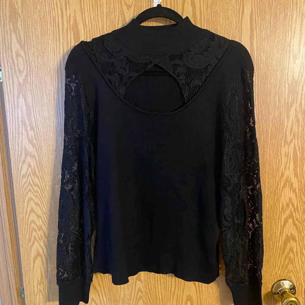 Black Long Sleeve Cut Out Blouse with Bib Collar